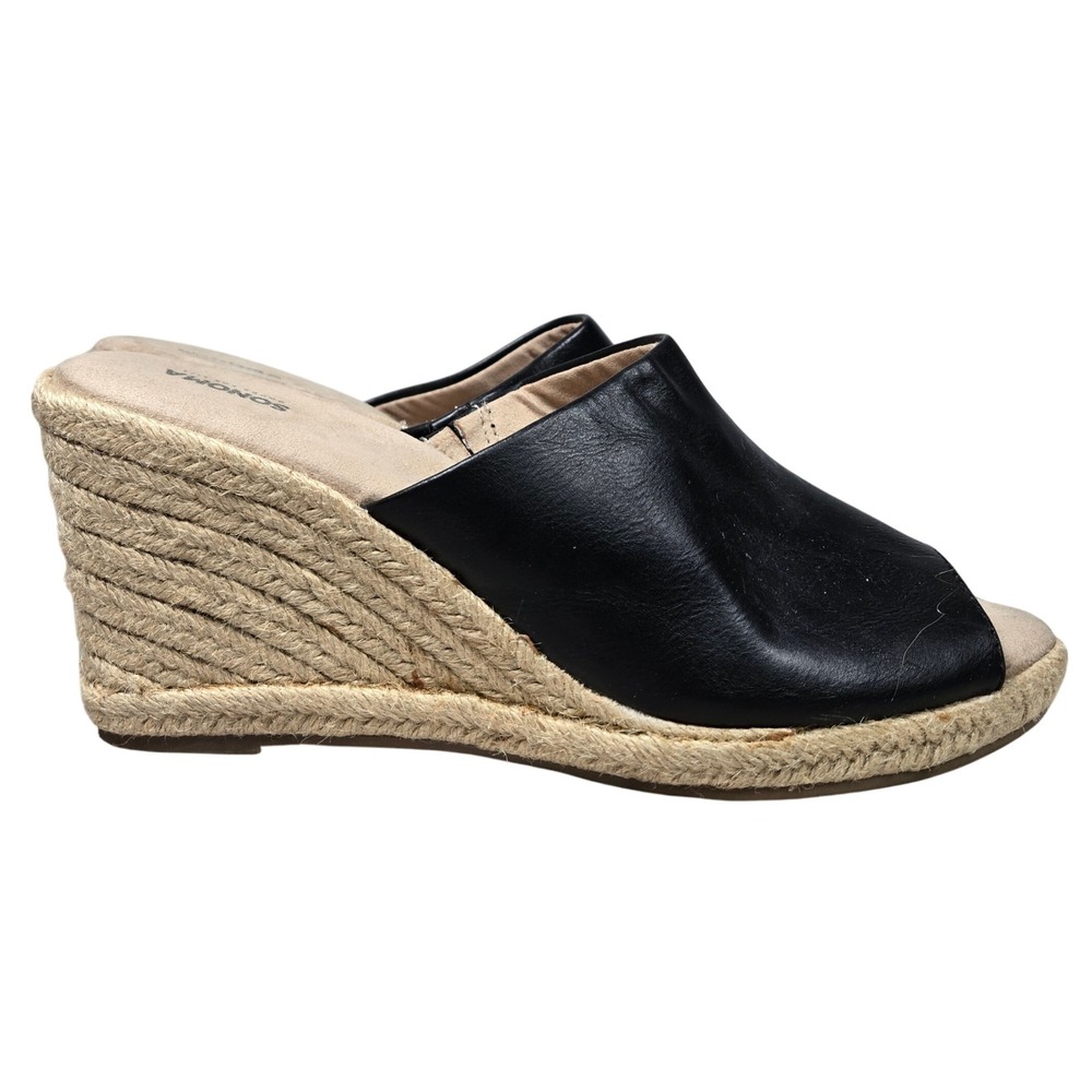 SONOMA Womens Black Espadrille Wedge Mules Sandals Size 9.5 Slip On‎ Peep Toe